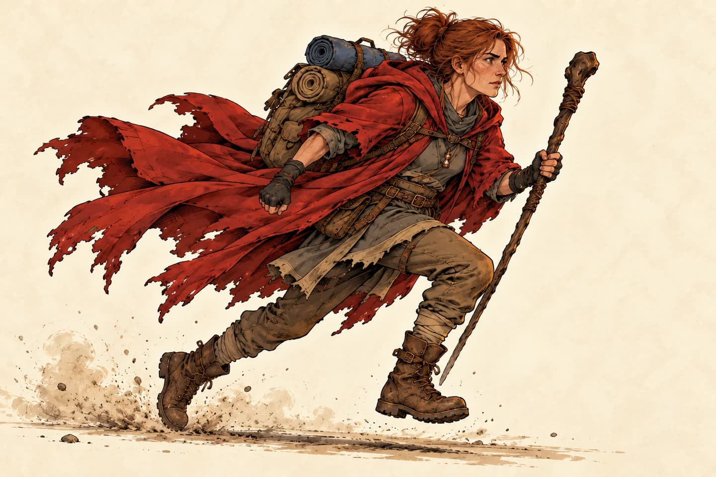 The Wanderer strides forward with her walking staff and packed rucksack, her weathered red cape trailing behind her.